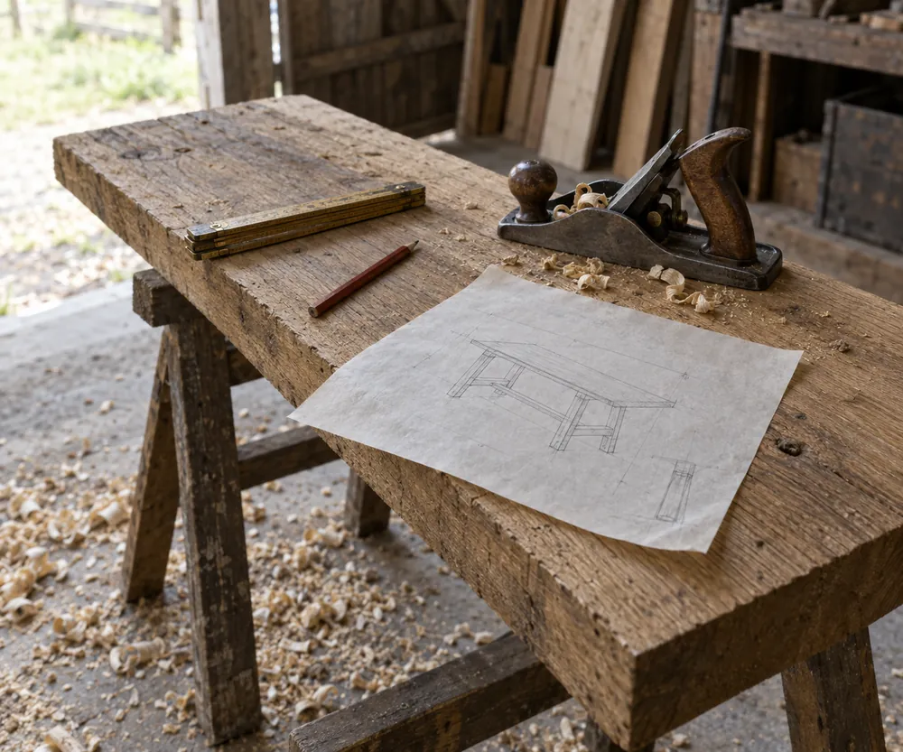 A furniture sketch, folding rule and hand plane on a workbench