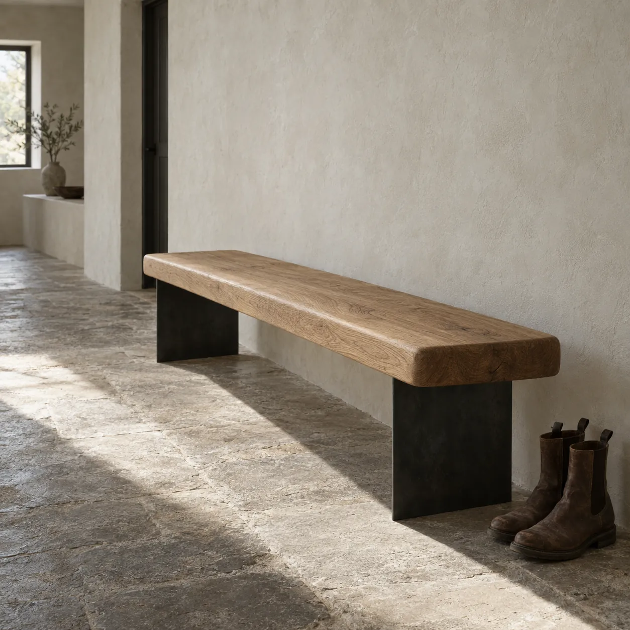 The Threshold Bench — Single-board oak seat · 8mm steel plate legs