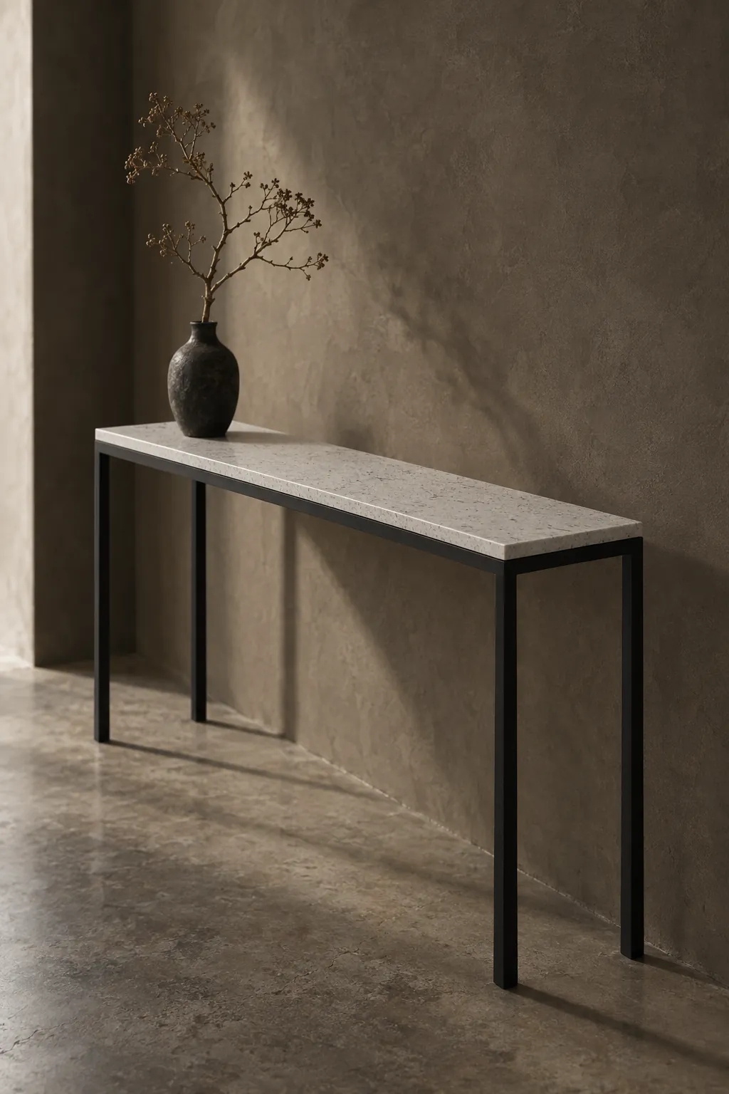 The Harrow Console — Honed quartz top · 20mm square-section steel frame