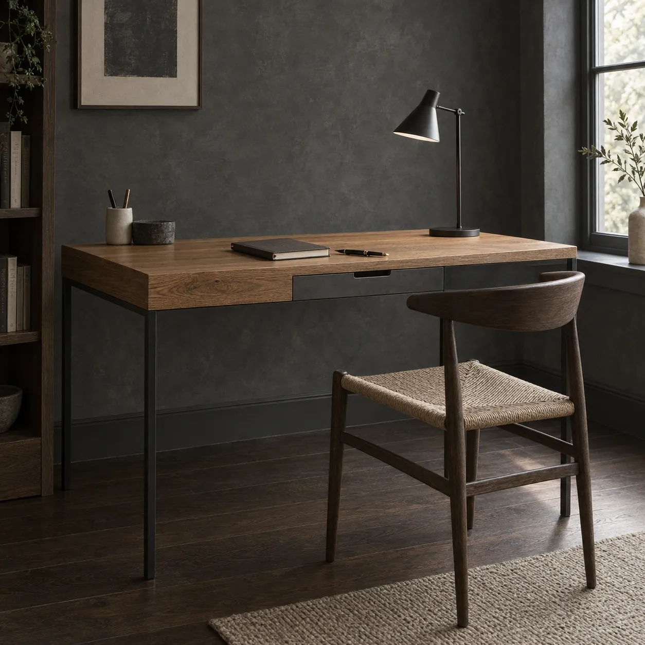 The Millwright Desk — Oak top · steel legs · machined steel drawer pull