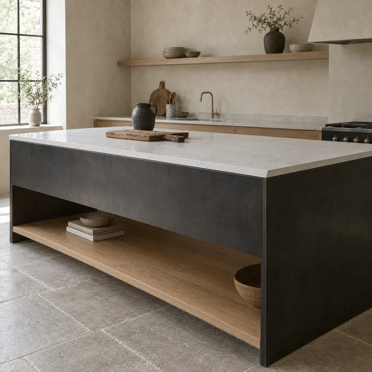 The Dairy Island — Blackened steel carcass · honed quartz top · oak shelf