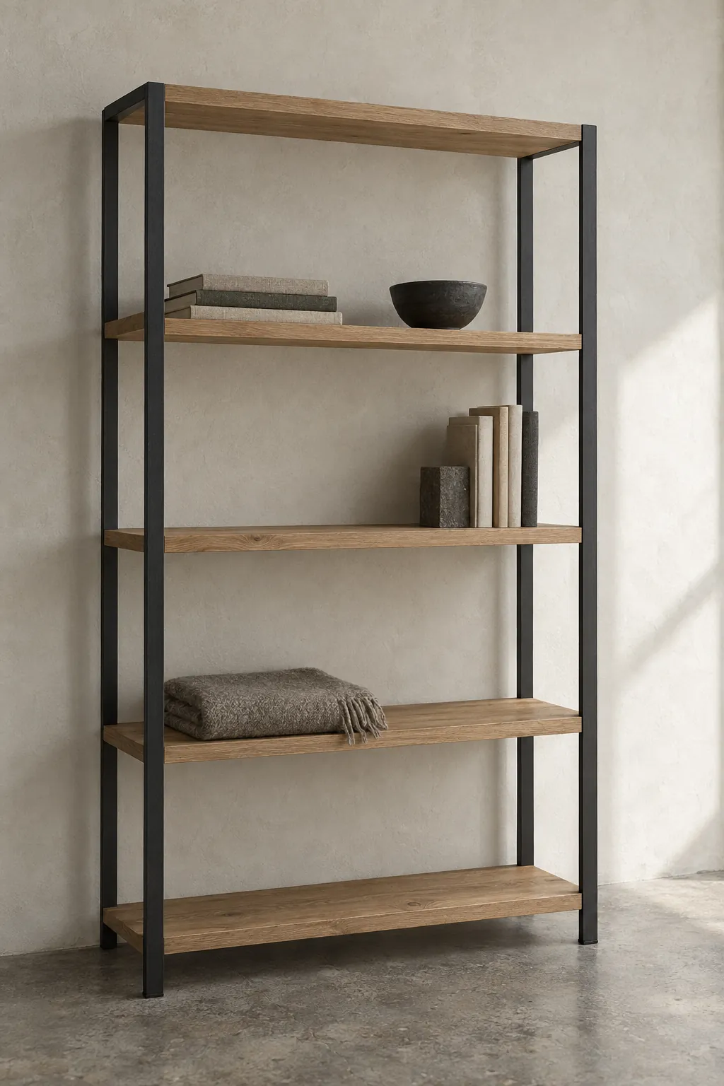 The Stackyard Shelving — Five oak shelves · blackened steel flat-bar frame