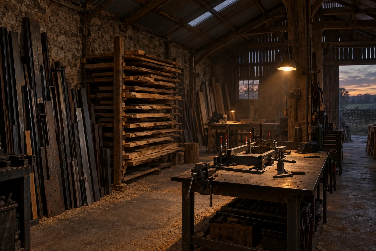 The interior of a barn workshop at dusk with steel stock and oak boards